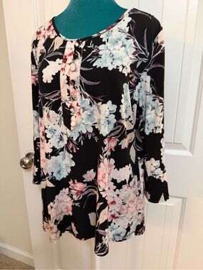 Karl Lagerfeld Black Floral 3/4 Bell Sleeve Ruffle Cuff Blouse Sz Large